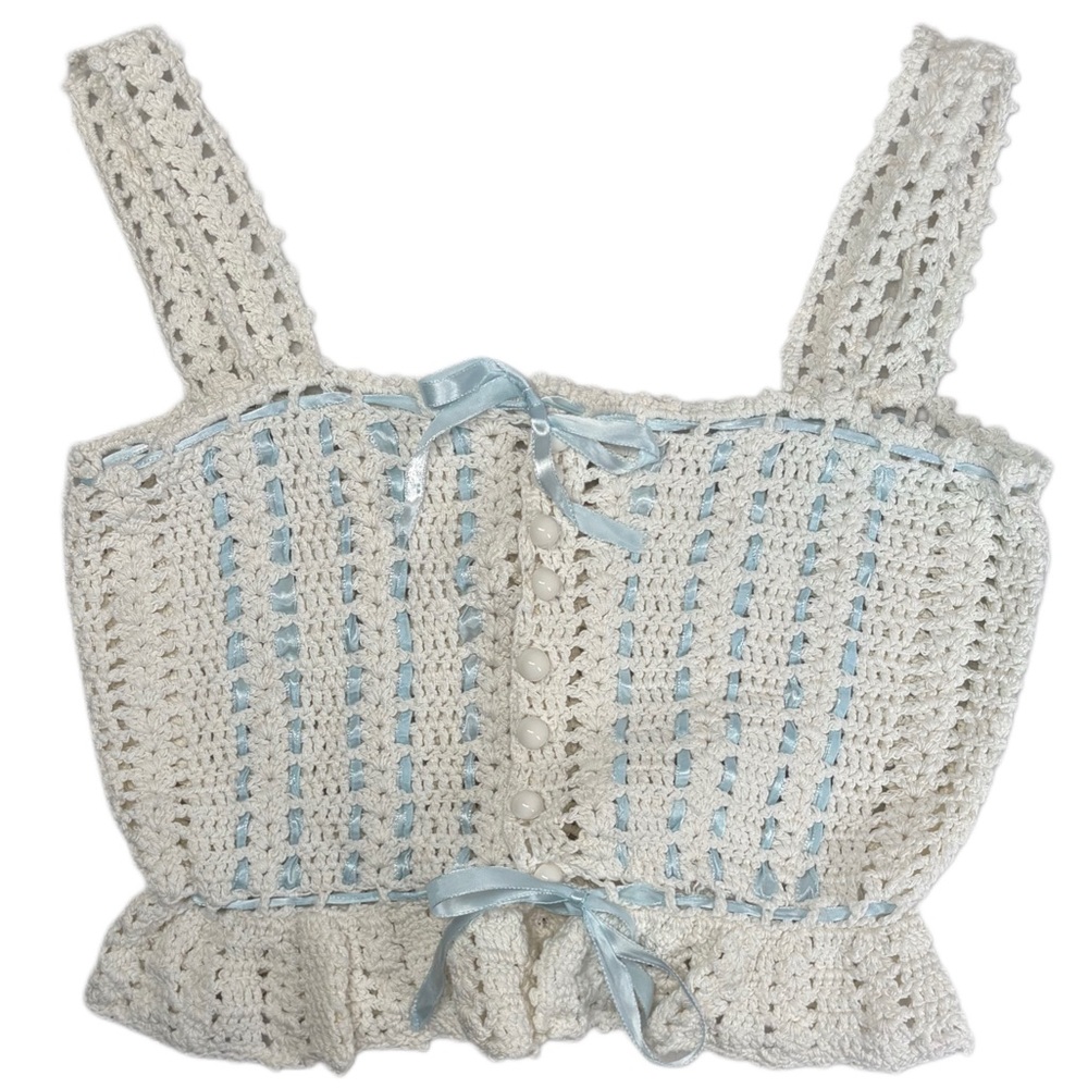 Boho Babydoll Crochet Knit Tank Top with Light Blue Ribbon Detail